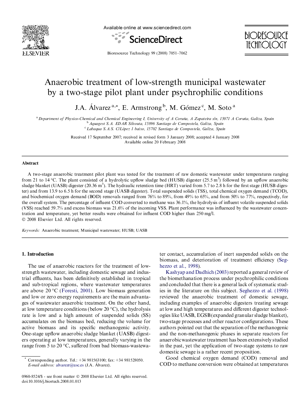 عکس صفحه اول مقاله: Anaerobic treatment of low-strength municipal wastewater by a two-stage pilot plant under psychrophilic conditions Anaerobic treatment of low-strength municipal wastewater by a two-stage pilot plant under psychrophilic conditions