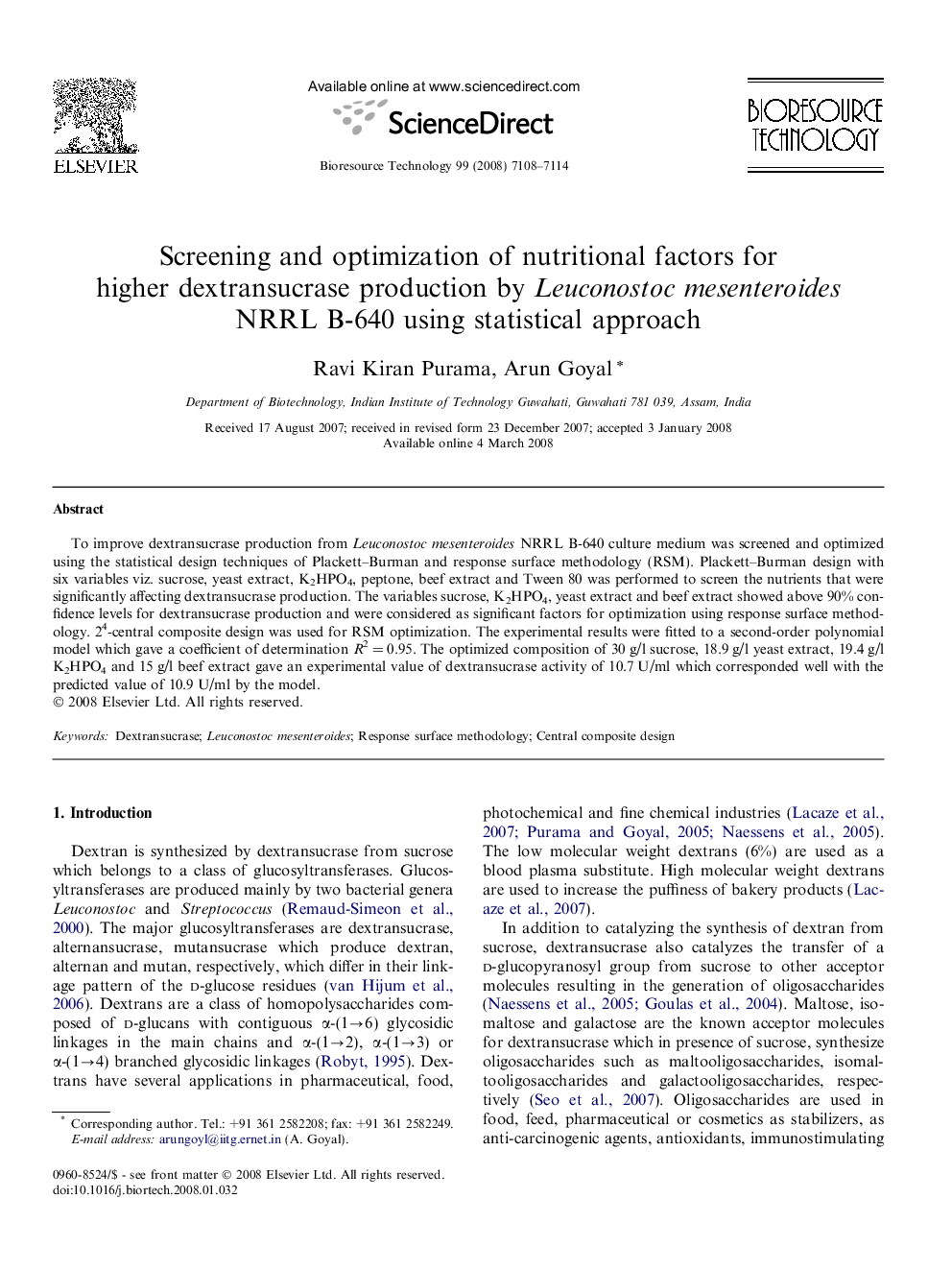 Screening and optimization of nutritional factors for higher dextransucrase production by Leuconostocmesenteroides NRRL B-640 using statistical approach