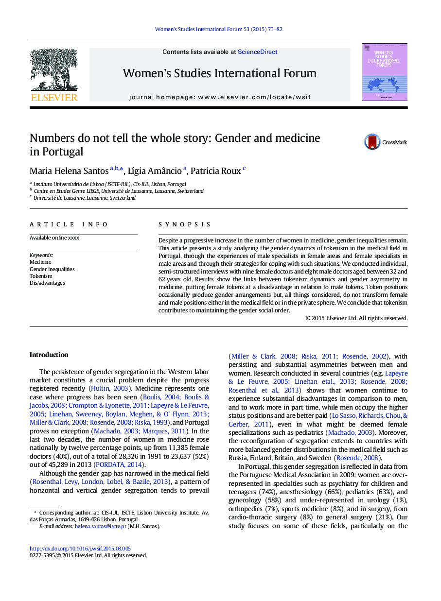 Numbers do not tell the whole story: Gender and medicine in Portugal