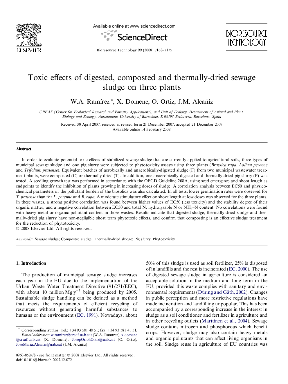 Toxic effects of digested, composted and thermally-dried sewage sludge on three plants