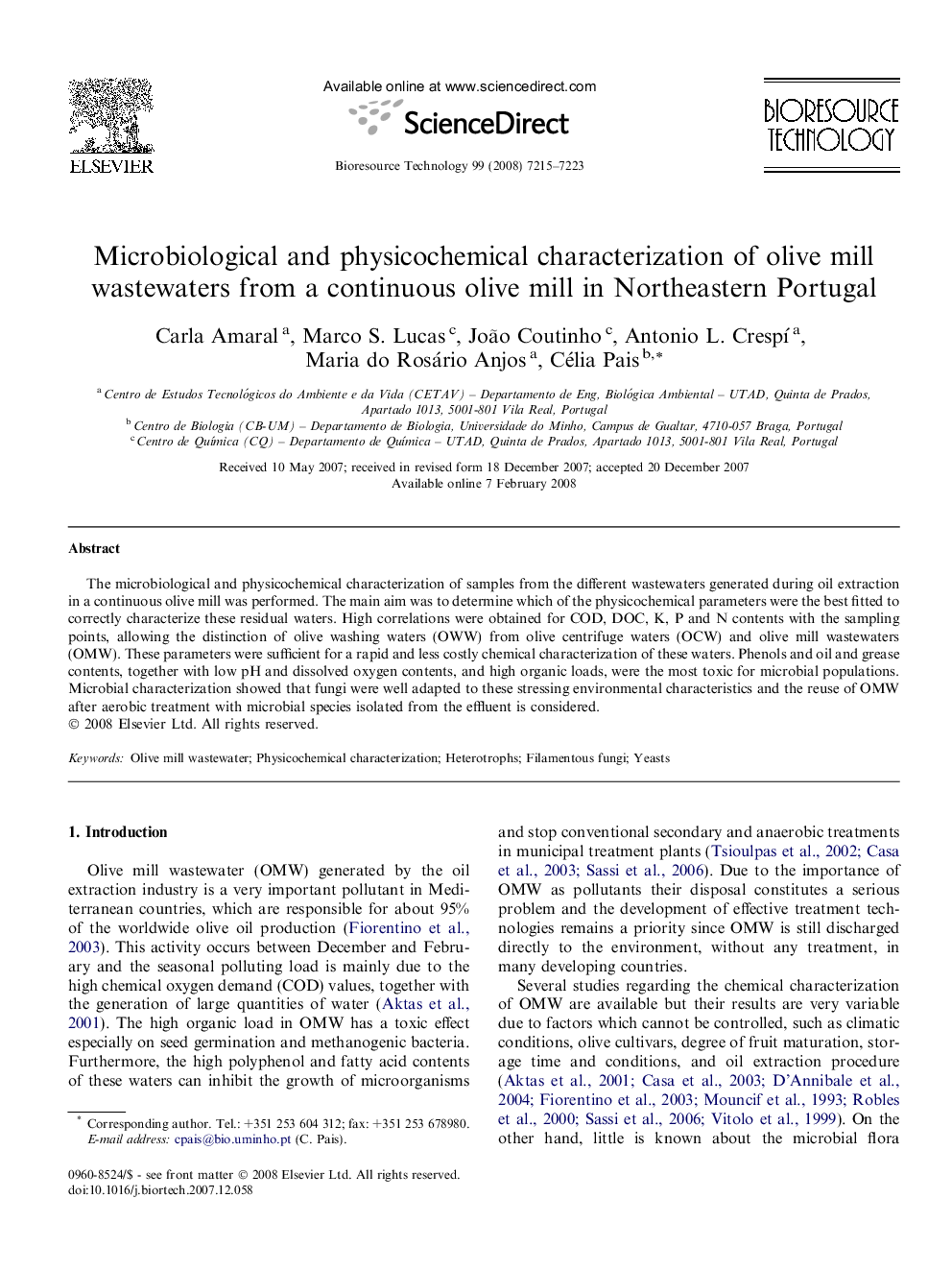 Microbiological and physicochemical characterization of olive mill wastewaters from a continuous olive mill in Northeastern Portugal