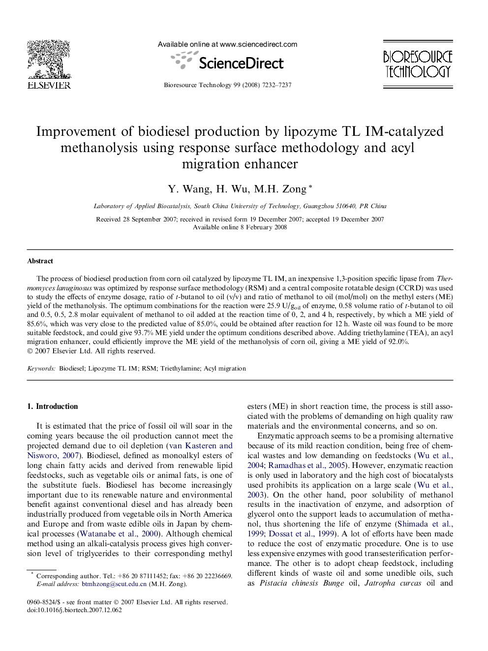 Improvement of biodiesel production by lipozyme TL IM-catalyzed methanolysis using response surface methodology and acyl migration enhancer