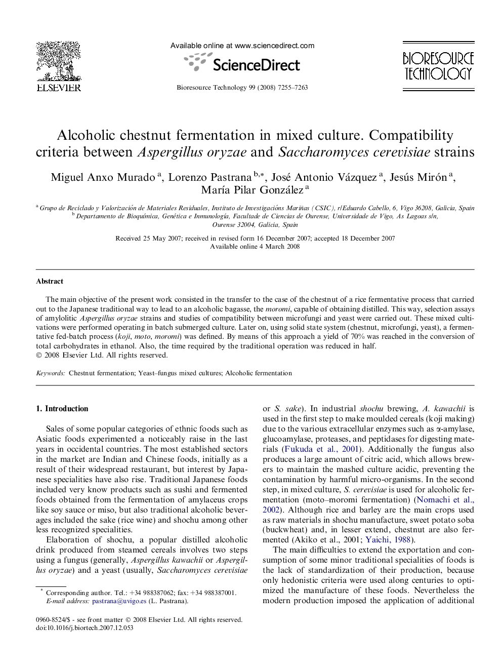 عکس صفحه اول مقاله: Alcoholic chestnut fermentation in mixed culture. Compatibility criteria between Aspergillus oryzae and Saccharomyces cerevisiae strains Alcoholic chestnut fermentation in mixed culture. Compatibility criteria between Aspergillus oryzae and Saccharomyces cerevisiae strains