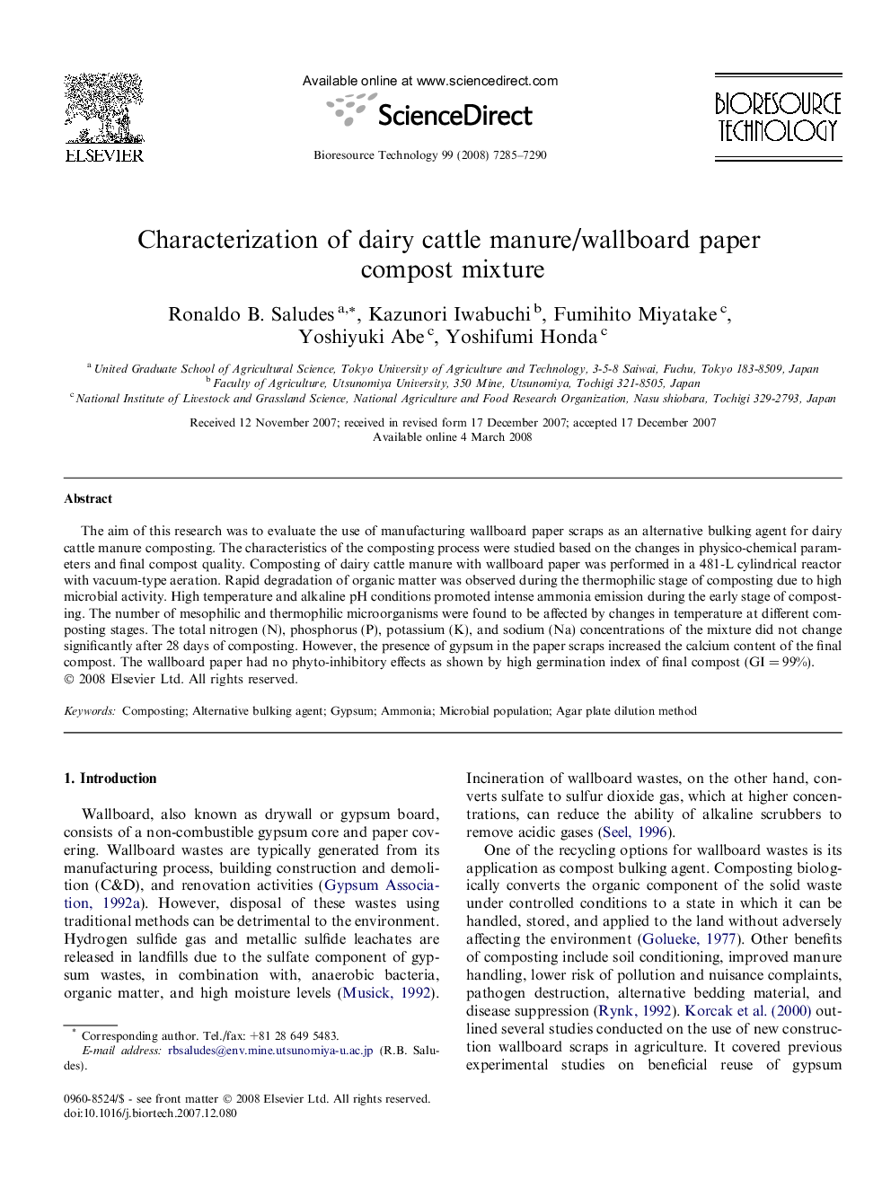 Characterization of dairy cattle manure/wallboard paper compost mixture