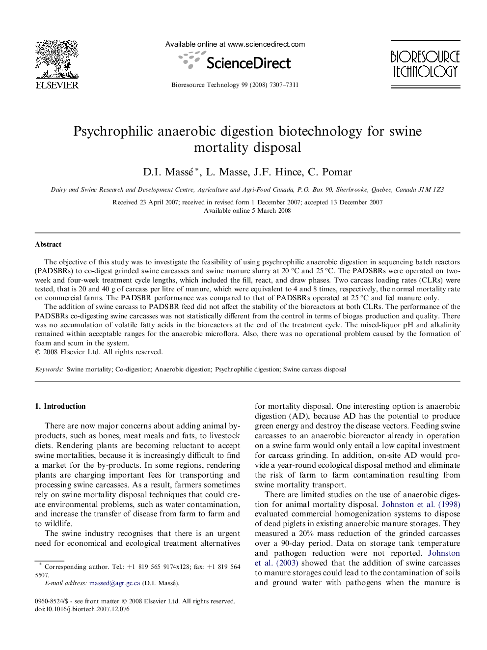 Psychrophilic anaerobic digestion biotechnology for swine mortality disposal