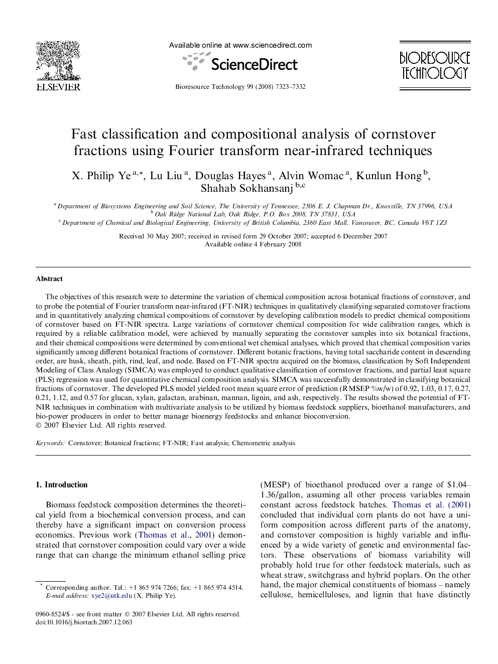 Fast classification and compositional analysis of cornstover fractions using Fourier transform near-infrared techniques