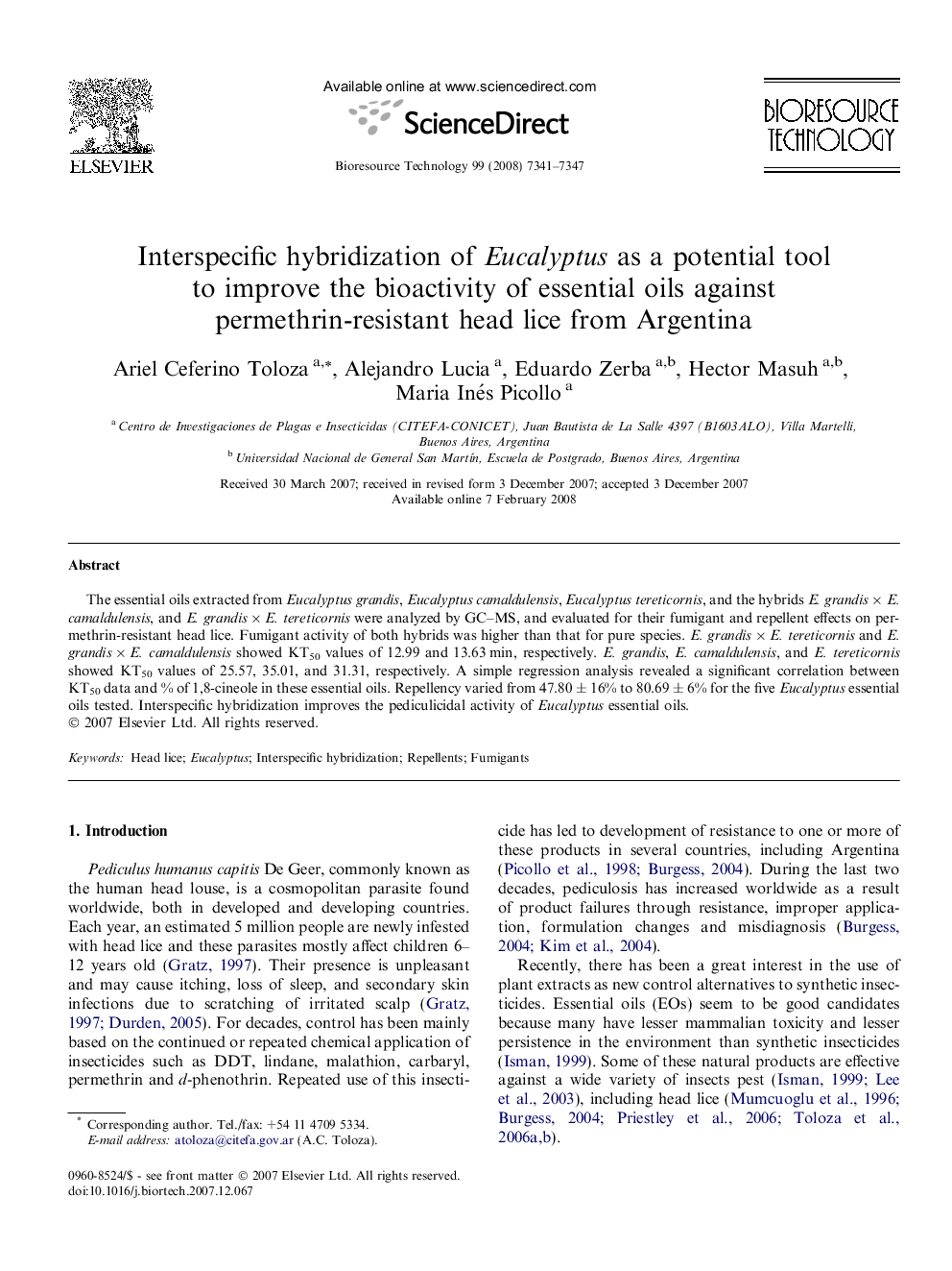 Interspecific hybridization of Eucalyptus as a potential tool to improve the bioactivity of essential oils against permethrin-resistant head lice from Argentina