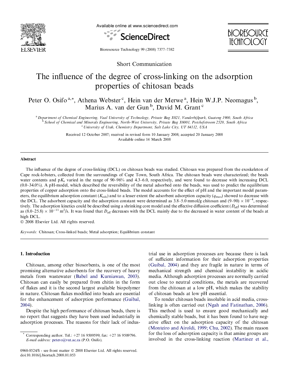 The influence of the degree of cross-linking on the adsorption properties of chitosan beads