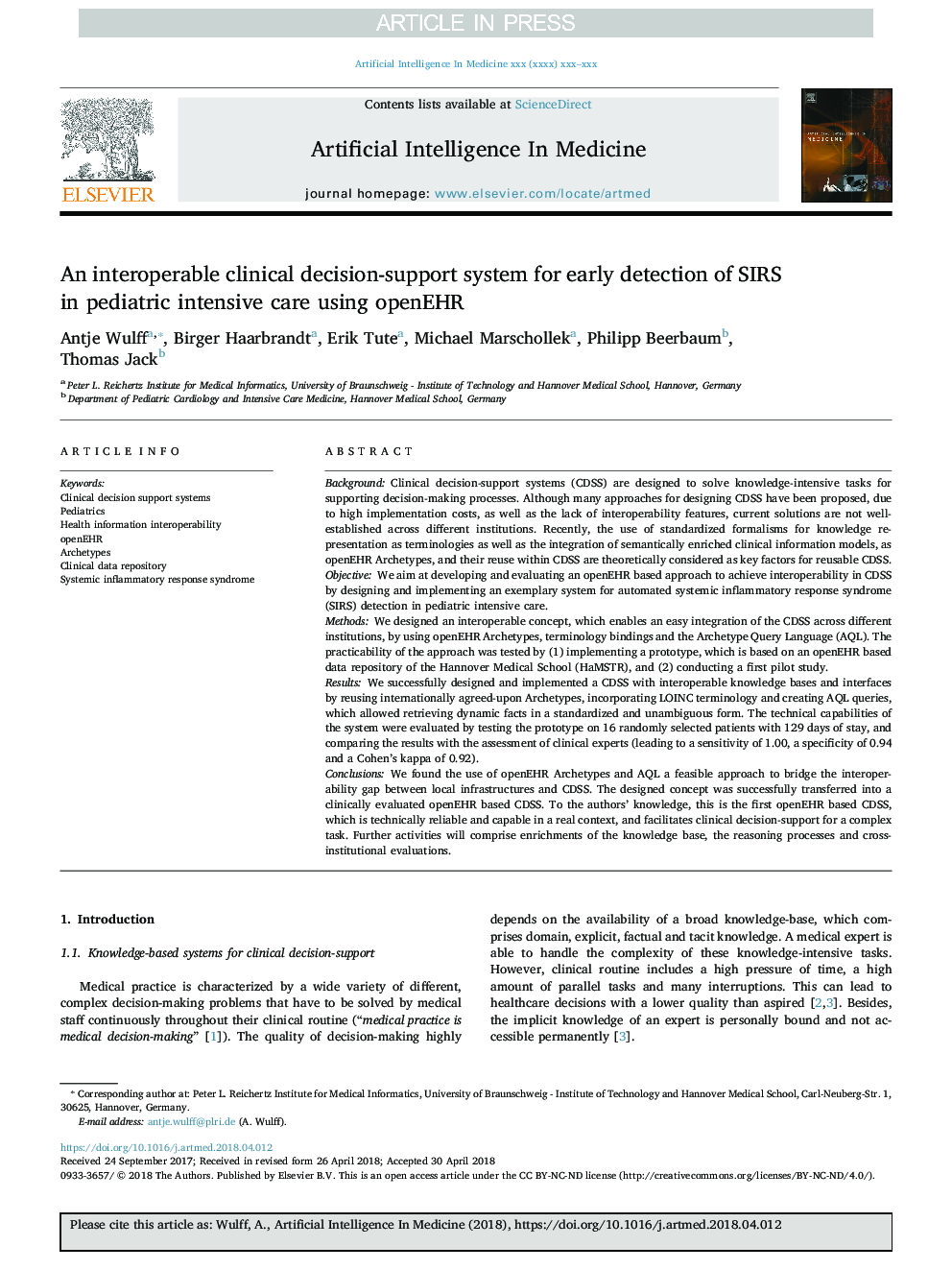 An interoperable clinical decision-support system for early detection of SIRS in pediatric intensive care using openEHR