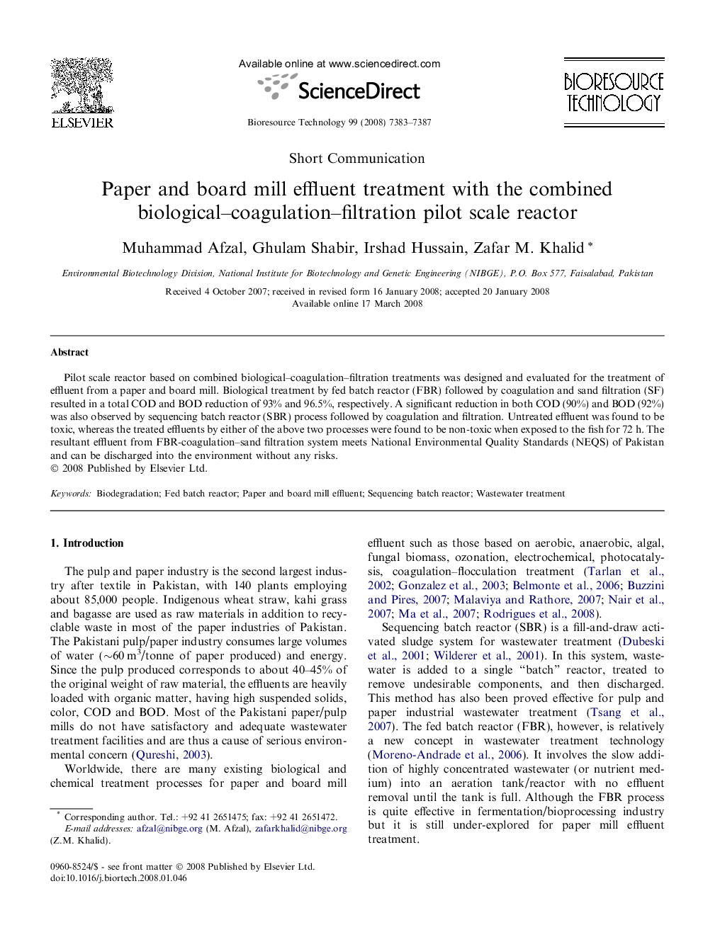 Paper and board mill effluent treatment with the combined biological–coagulation–filtration pilot scale reactor