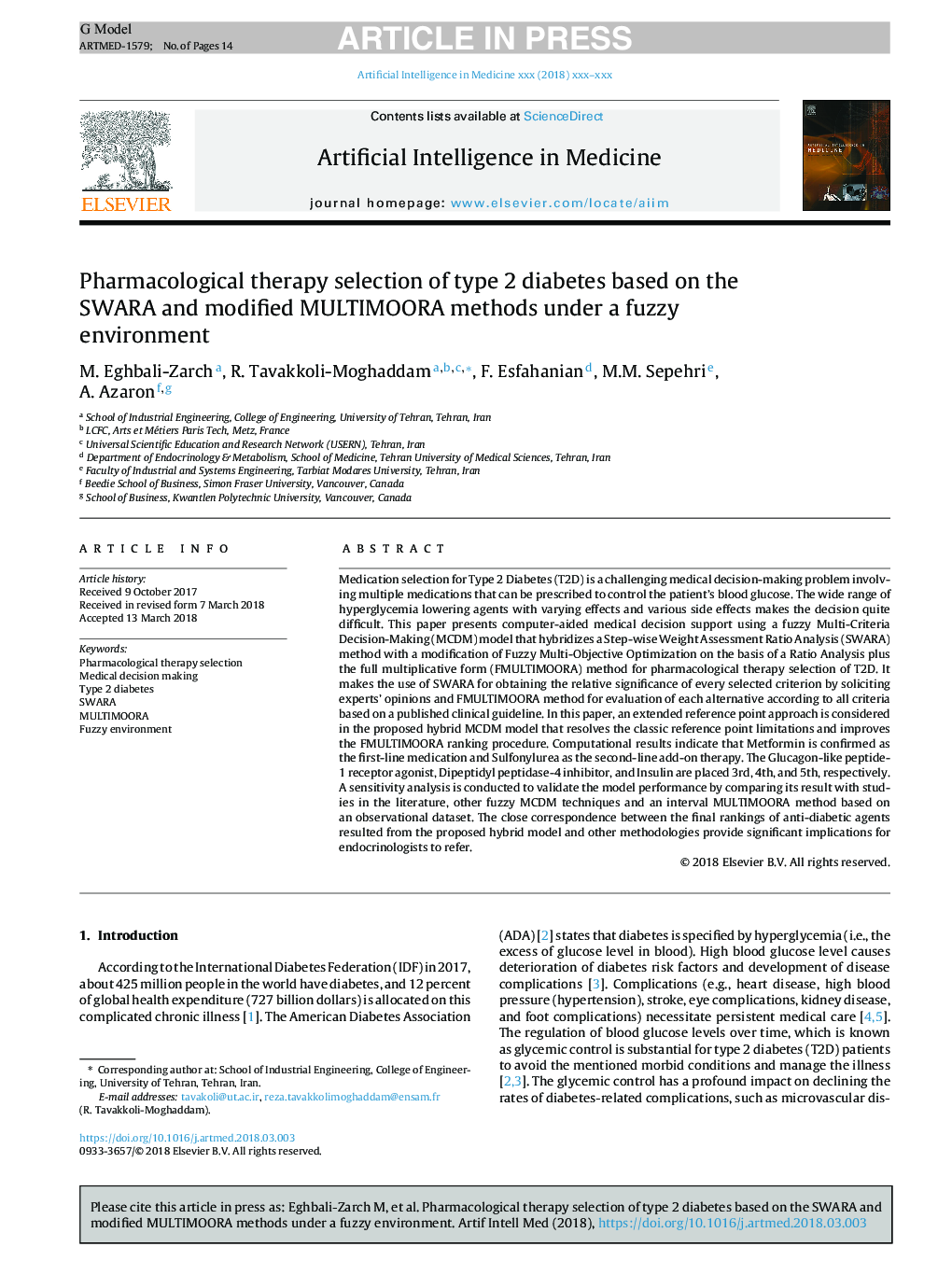 Pharmacological therapy selection of type 2 diabetes based on the SWARA and modified MULTIMOORA methods under a fuzzy environment