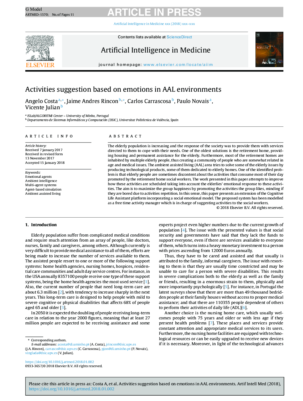 Activities suggestion based on emotions in AAL environments