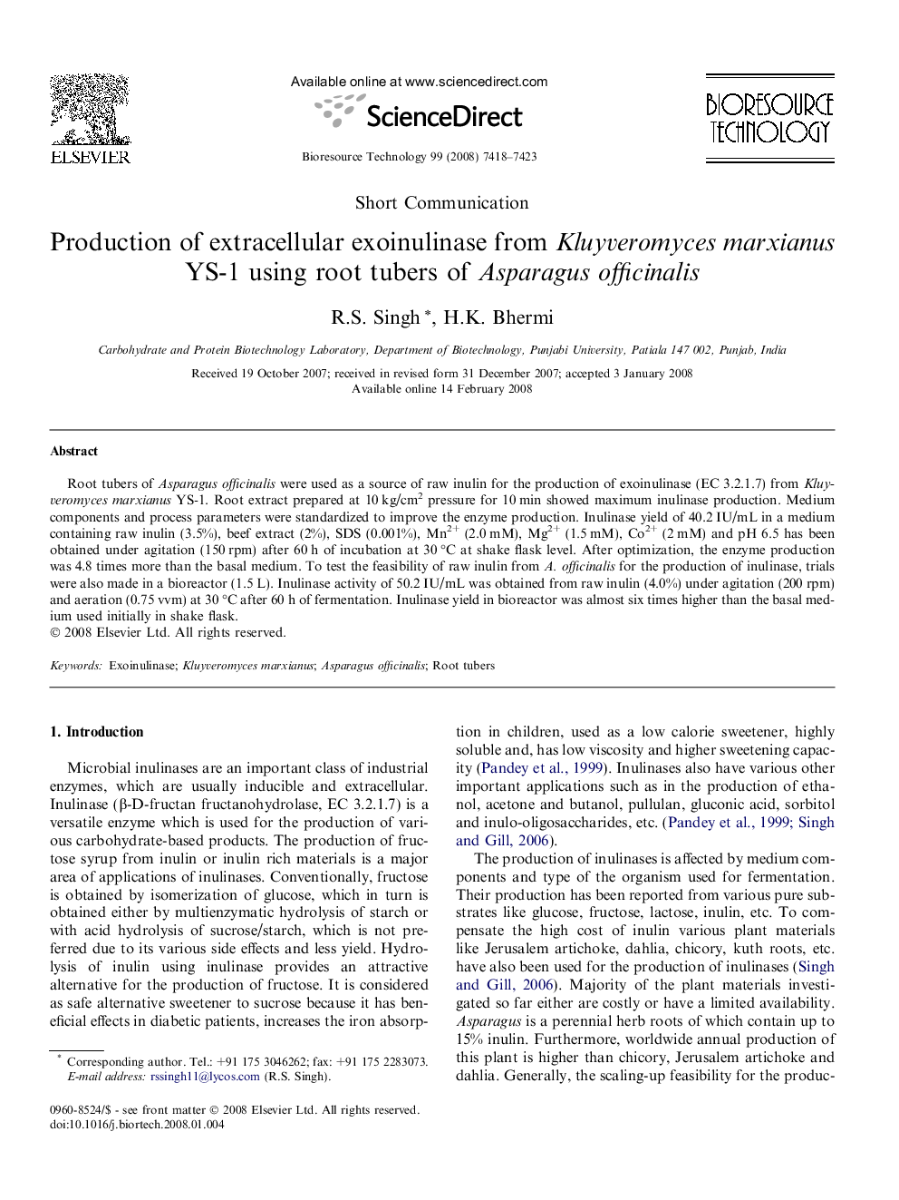 عکس صفحه اول مقاله: Production of extracellular exoinulinase from Kluyveromyces marxianus YS-1 using root tubers of Asparagus officinalis Production of extracellular exoinulinase from Kluyveromyces marxianus YS-1 using root tubers of Asparagus officinalis