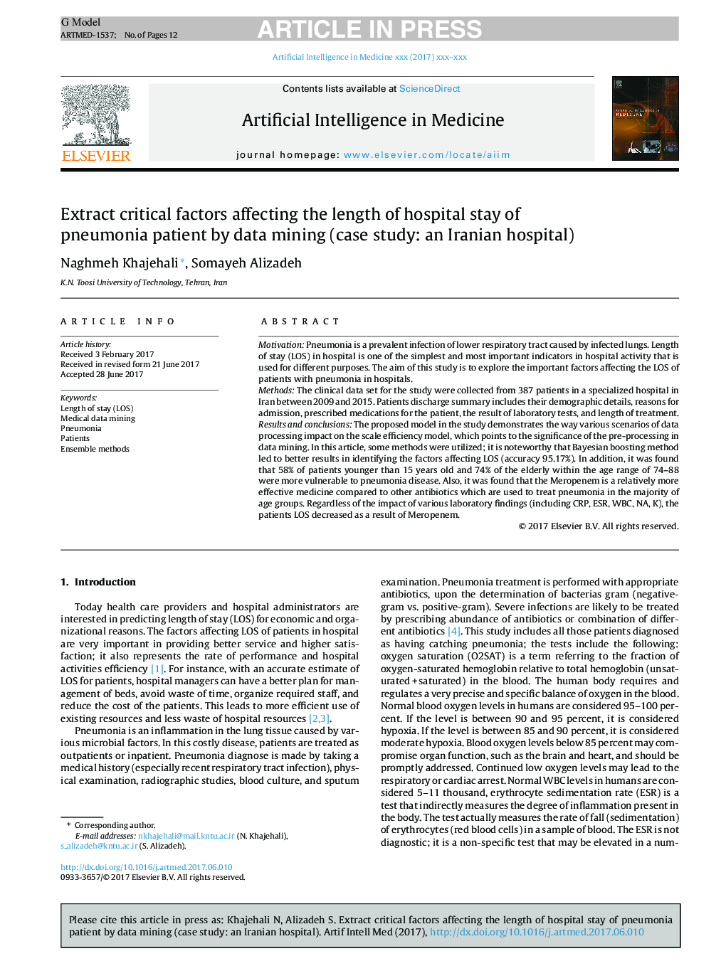 استخراج عوامل مؤثر بر طول مدت بستری بیمار مبتلا به پنومونی با استفاده از داده کاوی (مطالعه موردی: بیمارستان ایرانی) 