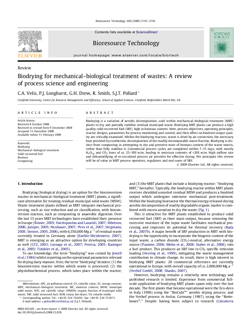 Biodrying for mechanical–biological treatment of wastes: A review of process science and engineering