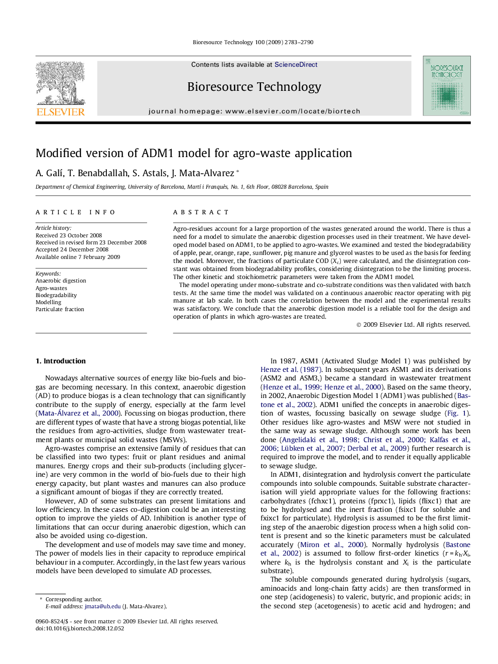 Modified version of ADM1 model for agro-waste application