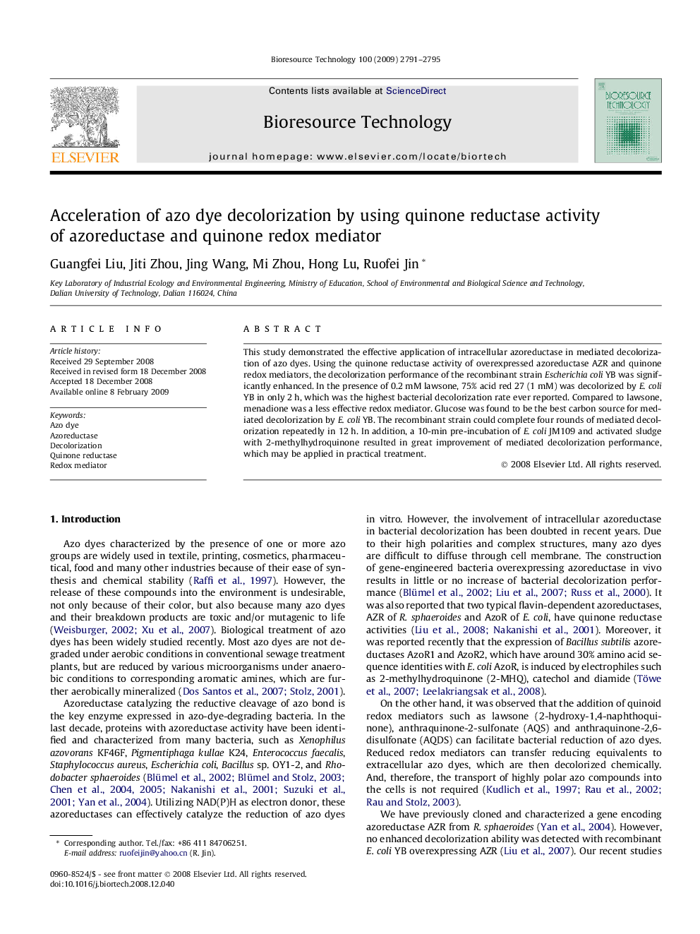 Acceleration of azo dye decolorization by using quinone reductase activity of azoreductase and quinone redox mediator