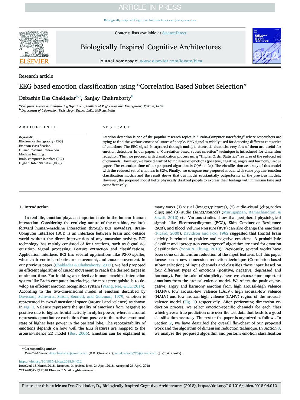 EEG based emotion classification using “Correlation Based Subset Selection”