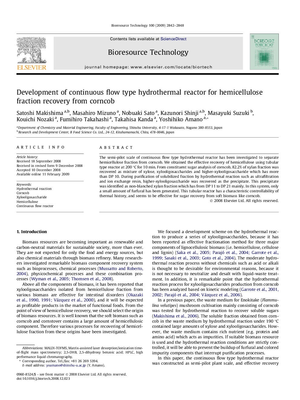 Development of continuous flow type hydrothermal reactor for hemicellulose fraction recovery from corncob