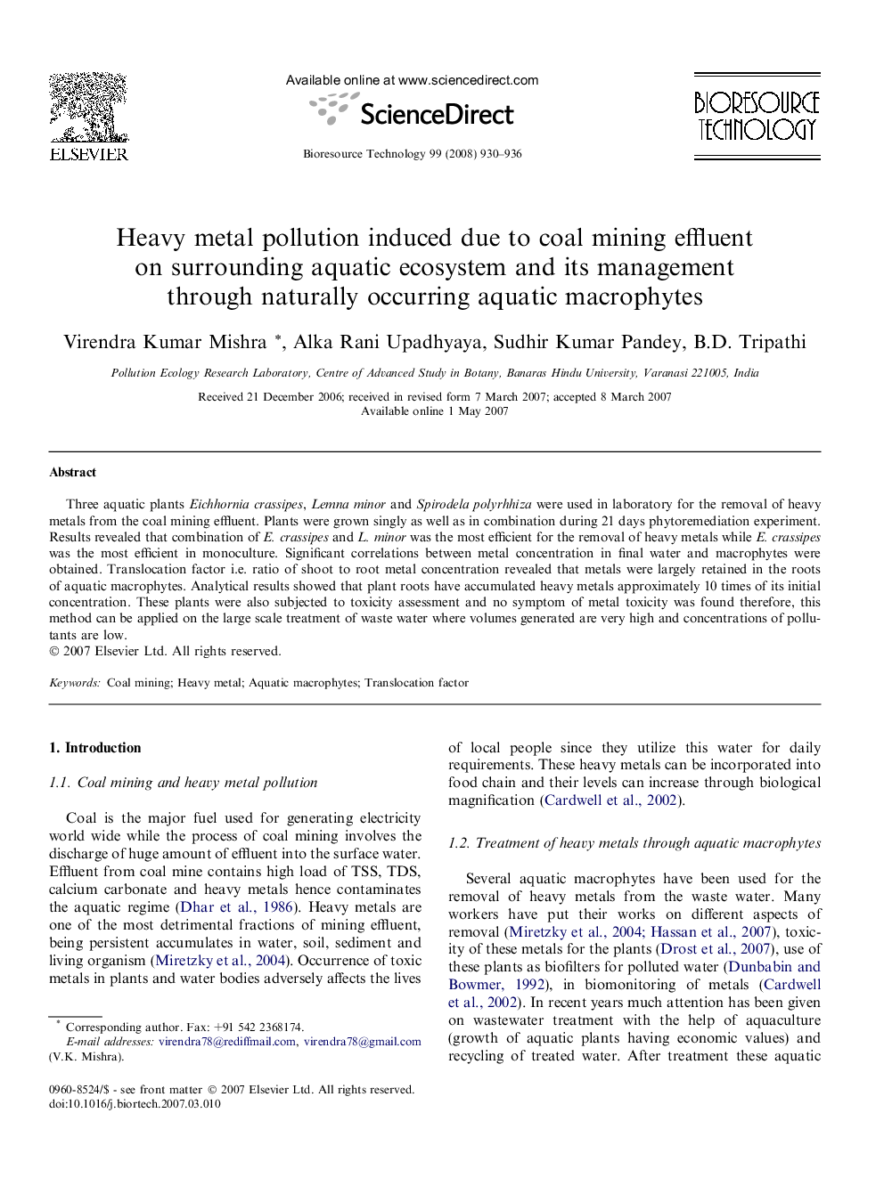 Heavy metal pollution induced due to coal mining effluent on surrounding aquatic ecosystem and its management through naturally occurring aquatic macrophytes