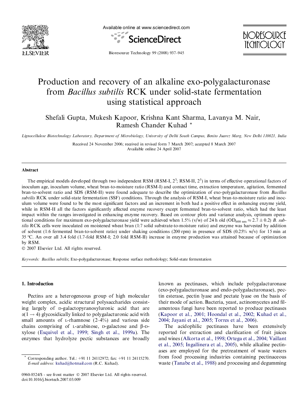 عکس صفحه اول مقاله: Production and recovery of an alkaline exo-polygalacturonase from Bacillus subtilis RCK under solid-state fermentation using statistical approach Production and recovery of an alkaline exo-polygalacturonase from Bacillus subtilis RCK under solid-state fermentation using statistical approach