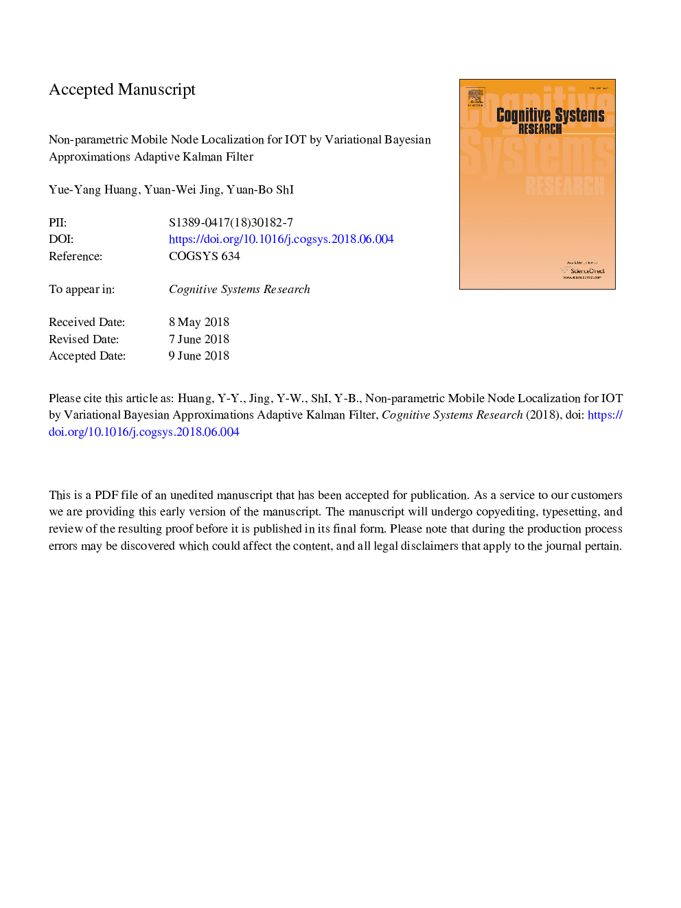 Non-parametric mobile node localization for IOT by variational Bayesian approximations adaptive Kalman filter