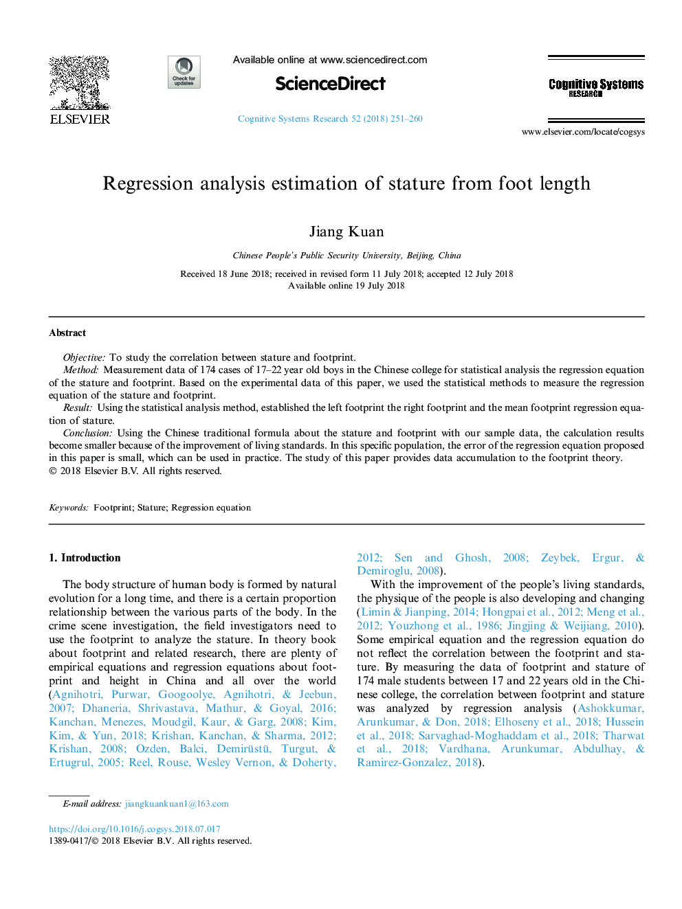 Regression analysis estimation of stature from foot length