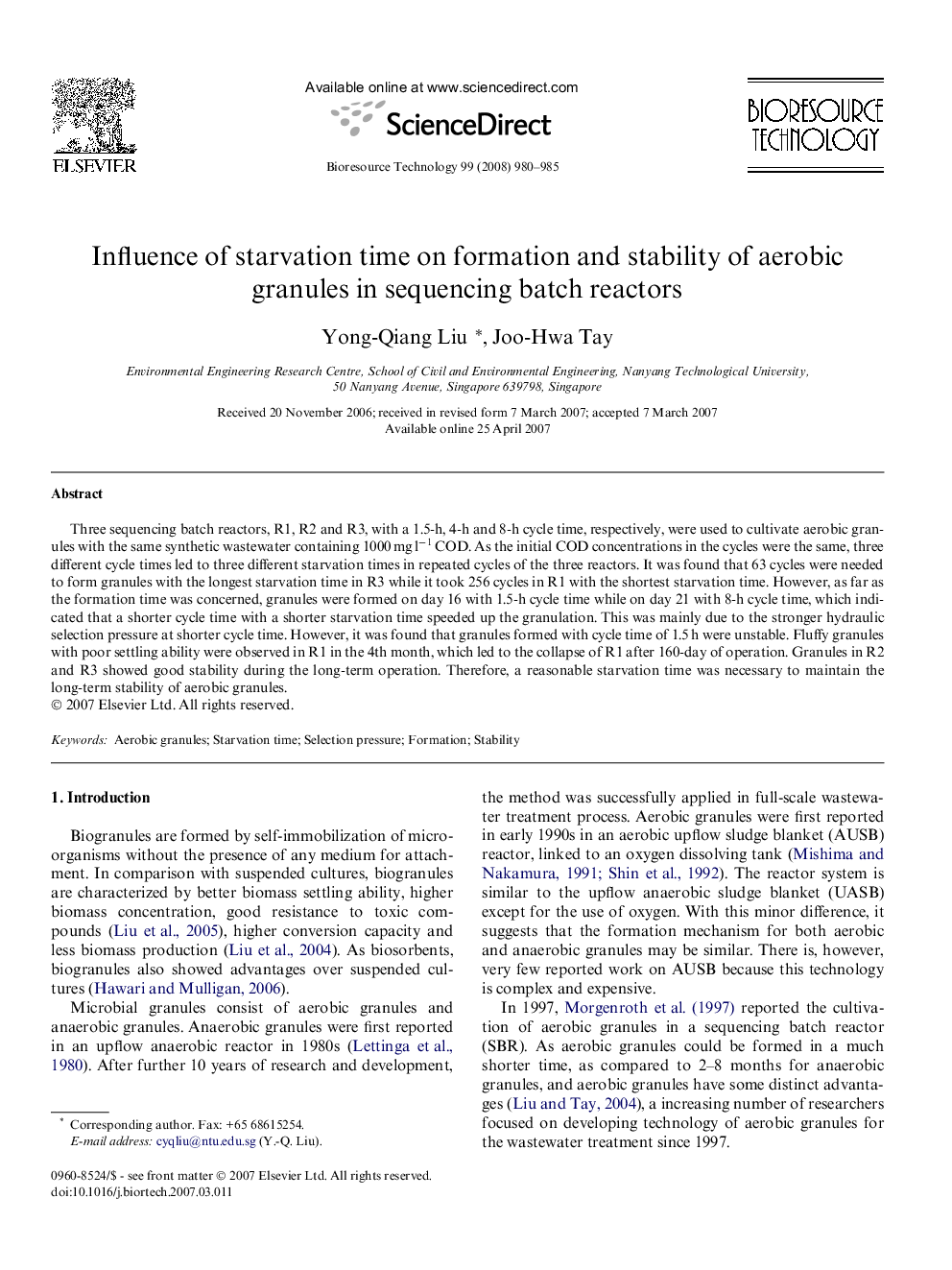 Influence of starvation time on formation and stability of aerobic granules in sequencing batch reactors