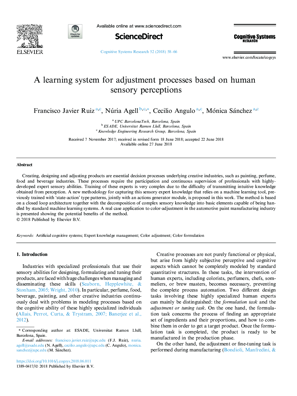 A learning system for adjustment processes based on human sensory perceptions