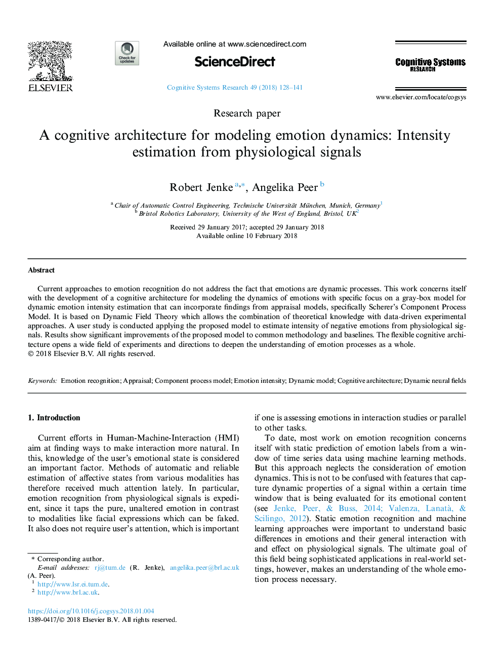 A cognitive architecture for modeling emotion dynamics: Intensity estimation from physiological signals