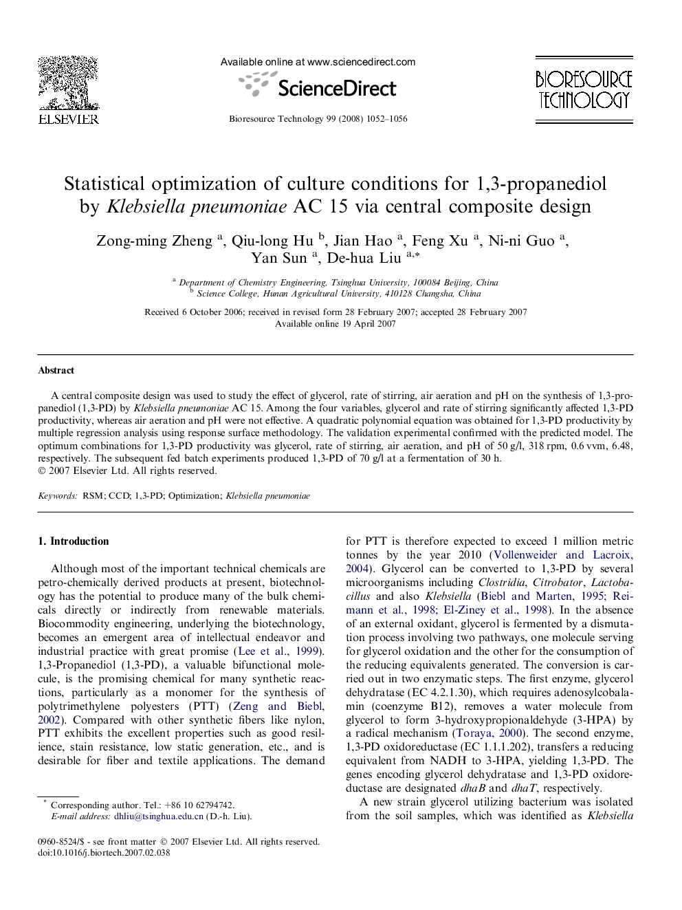 Statistical optimization of culture conditions for 1,3-propanediol by Klebsiella pneumoniae AC 15 via central composite design