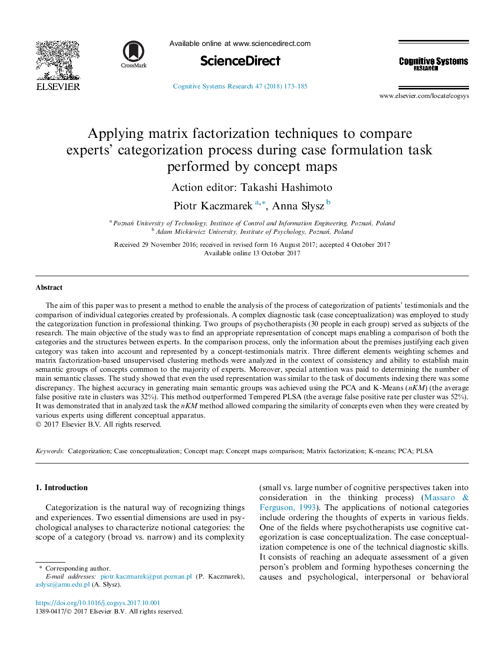 Applying matrix factorization techniques to compare experts' categorization process during case formulation task performed by concept maps