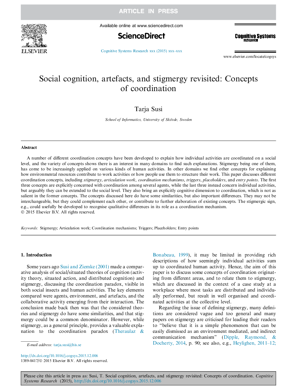 Social cognition, artefacts, and stigmergy revisited: Concepts of coordination