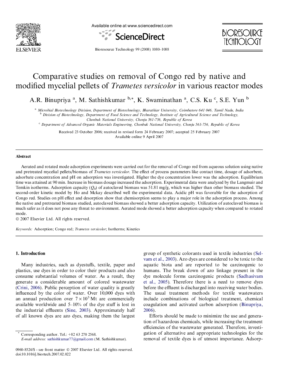 Comparative studies on removal of Congo red by native and modified mycelial pellets of Trametes versicolor in various reactor modes