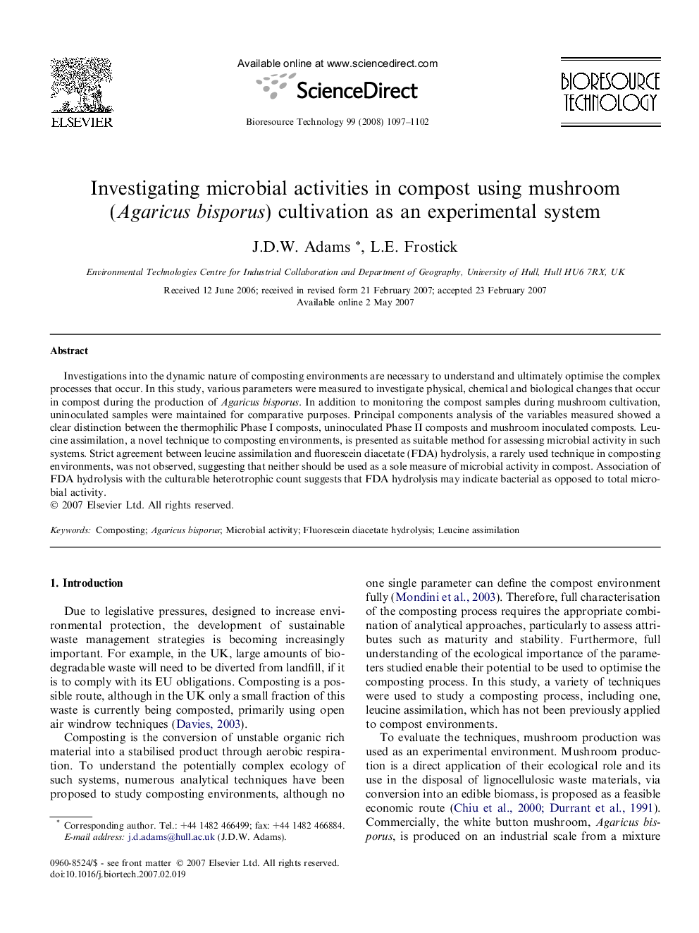 Investigating microbial activities in compost using mushroom (Agaricus bisporus) cultivation as an experimental system