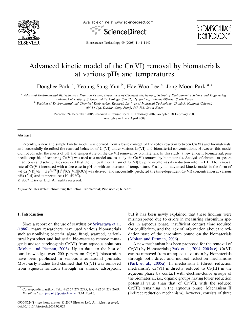 Advanced kinetic model of the Cr(VI) removal by biomaterials at various pHs and temperatures