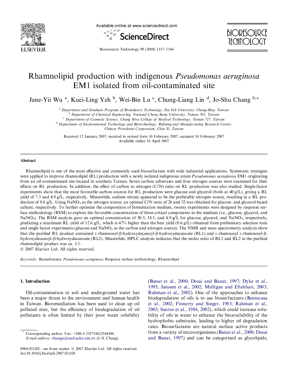 Rhamnolipid production with indigenous Pseudomonas aeruginosa EM1 isolated from oil-contaminated site