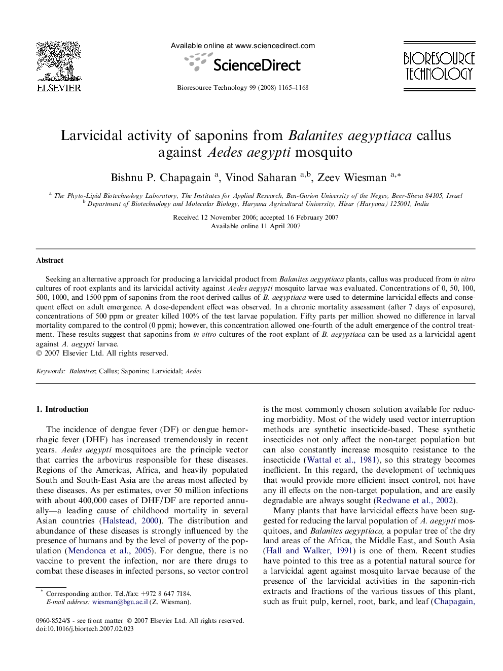 Larvicidal activity of saponins from Balanites aegyptiaca callus against Aedes aegypti mosquito