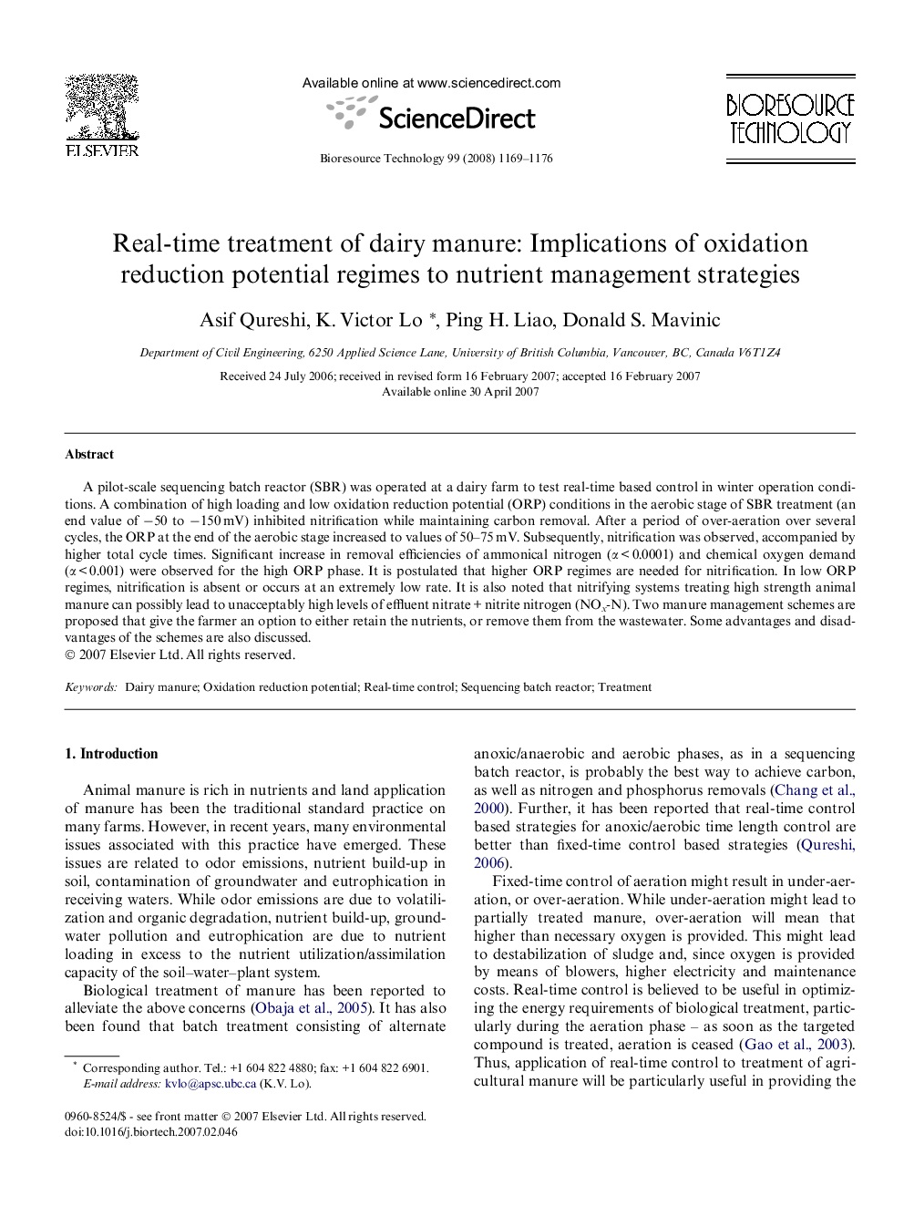 Real-time treatment of dairy manure: Implications of oxidation reduction potential regimes to nutrient management strategies