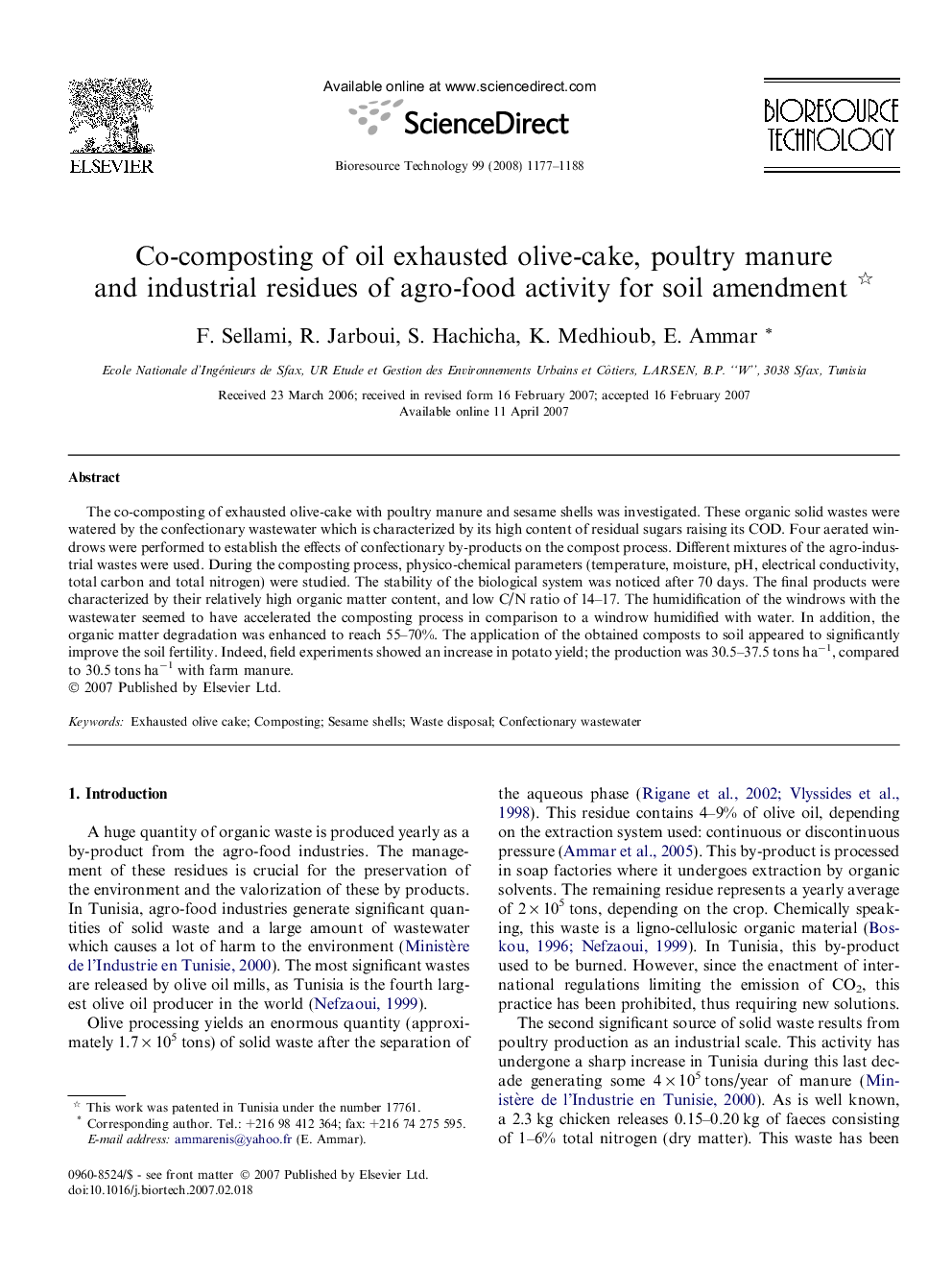 Co-composting of oil exhausted olive-cake, poultry manure and industrial residues of agro-food activity for soil amendment 