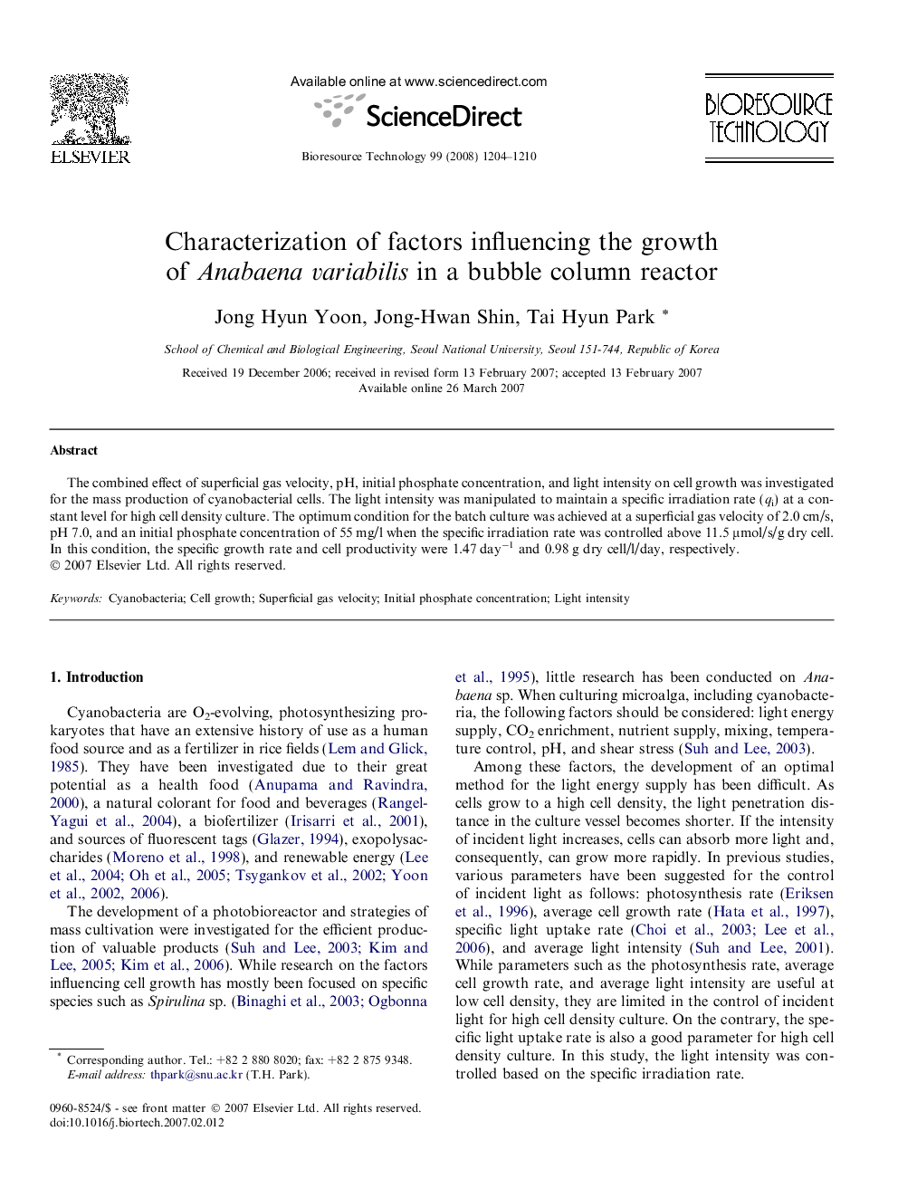 Characterization of factors influencing the growth of Anabaena variabilis in a bubble column reactor