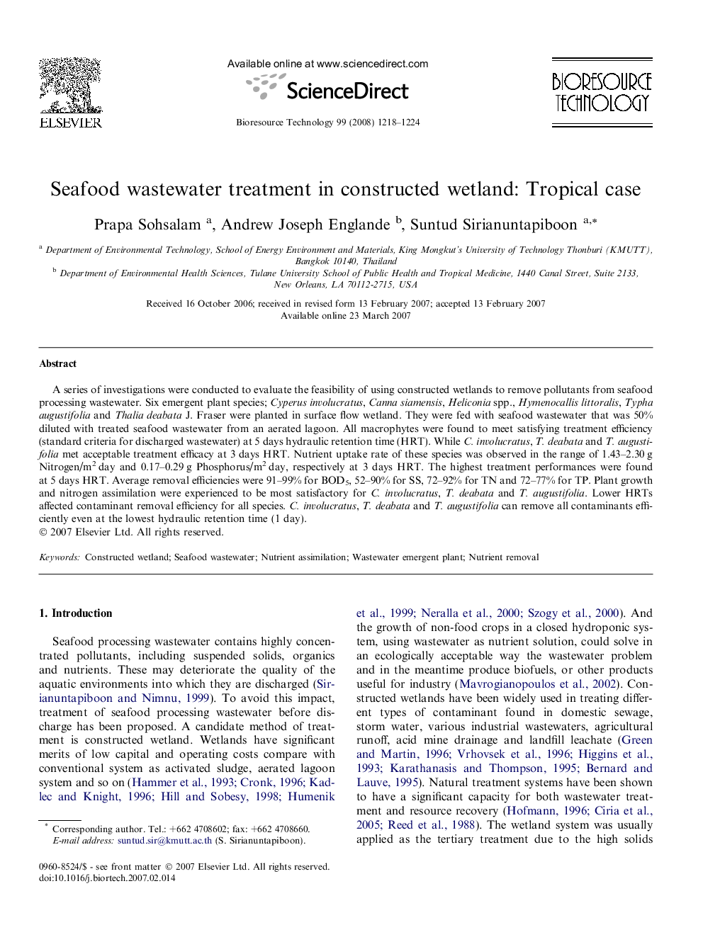 Seafood wastewater treatment in constructed wetland: Tropical case