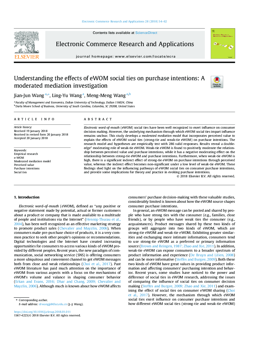 Understanding the effects of eWOM social ties on purchase intentions: A moderated mediation investigation