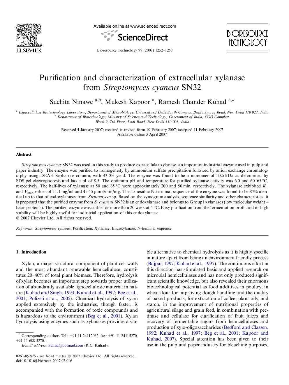 عکس صفحه اول مقاله: Purification and characterization of extracellular xylanase from Streptomyces cyaneus SN32 Purification and characterization of extracellular xylanase from Streptomyces cyaneus SN32