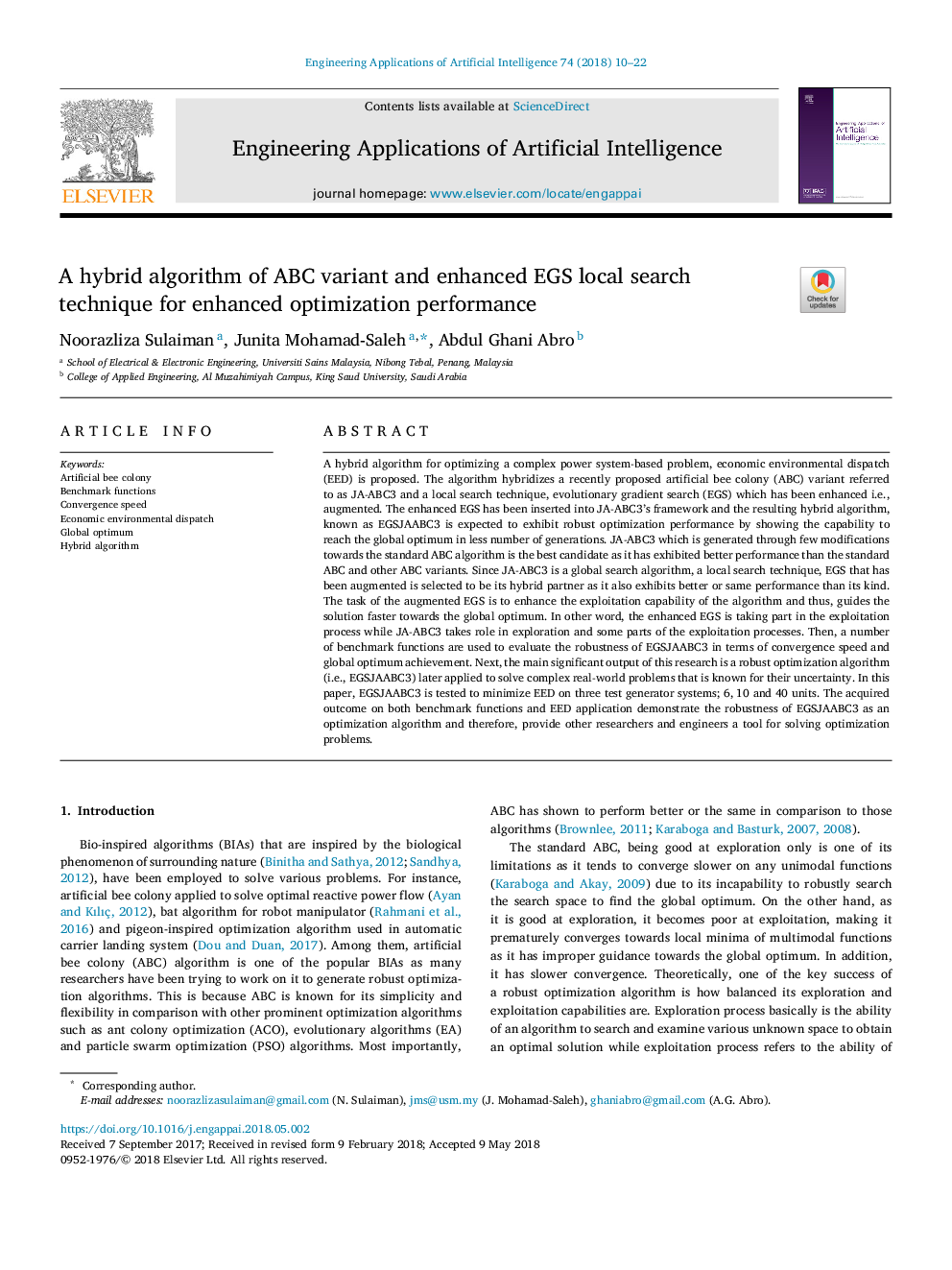 عکس صفحه اول مقاله: A hybrid algorithm of ABC variant and enhanced EGS local search technique for enhanced optimization performance A hybrid algorithm of ABC variant and enhanced EGS local search technique for enhanced optimization performance