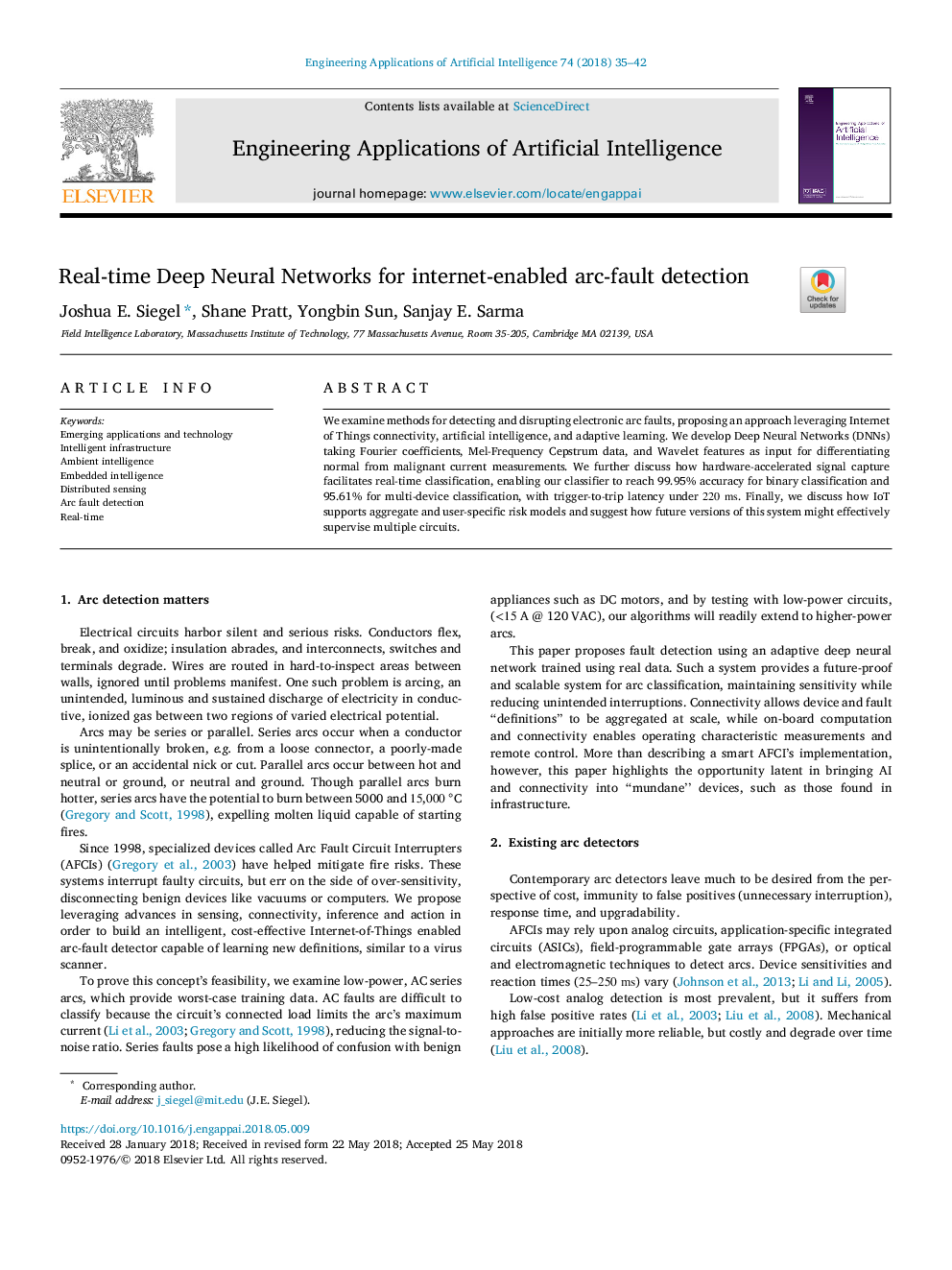 Real-time Deep Neural Networks for internet-enabled arc-fault detection