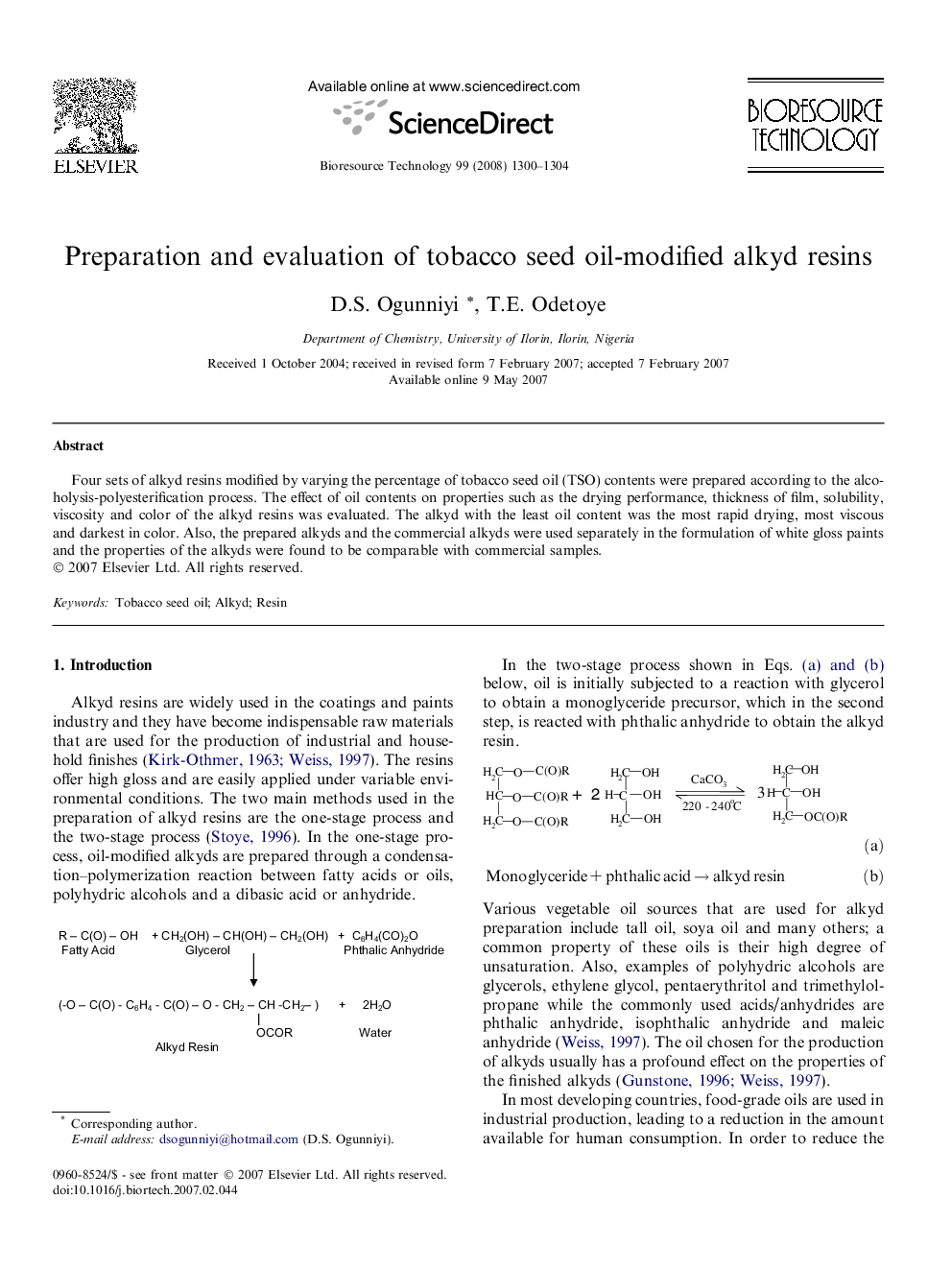 Preparation and evaluation of tobacco seed oil-modified alkyd resins