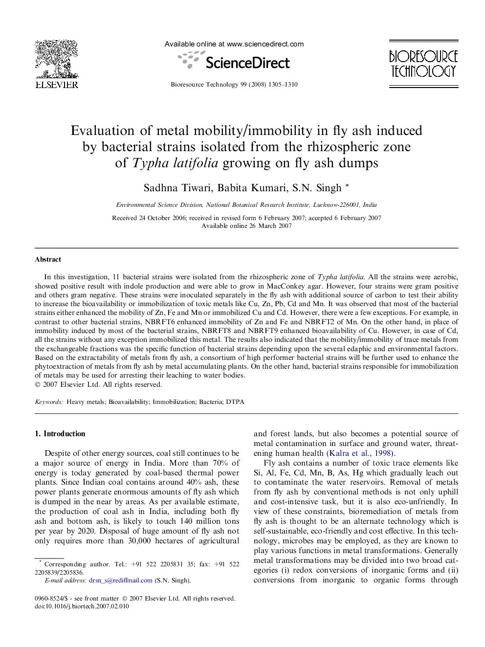 Evaluation of metal mobility/immobility in fly ash induced by bacterial strains isolated from the rhizospheric zone of Typha latifolia growing on fly ash dumps