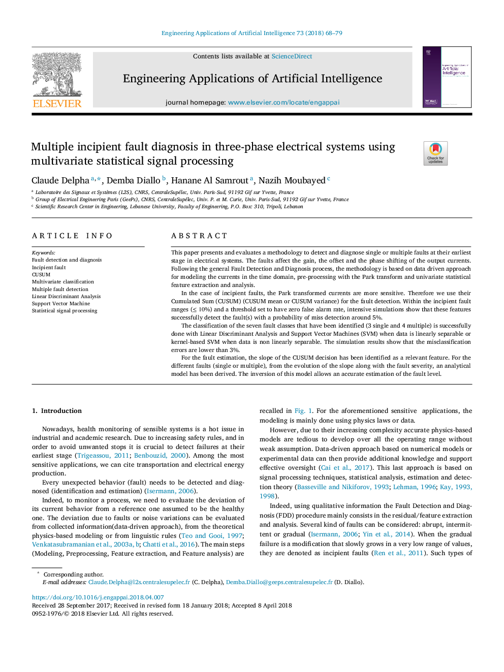 Multiple incipient fault diagnosis in three-phase electrical systems using multivariate statistical signal processing