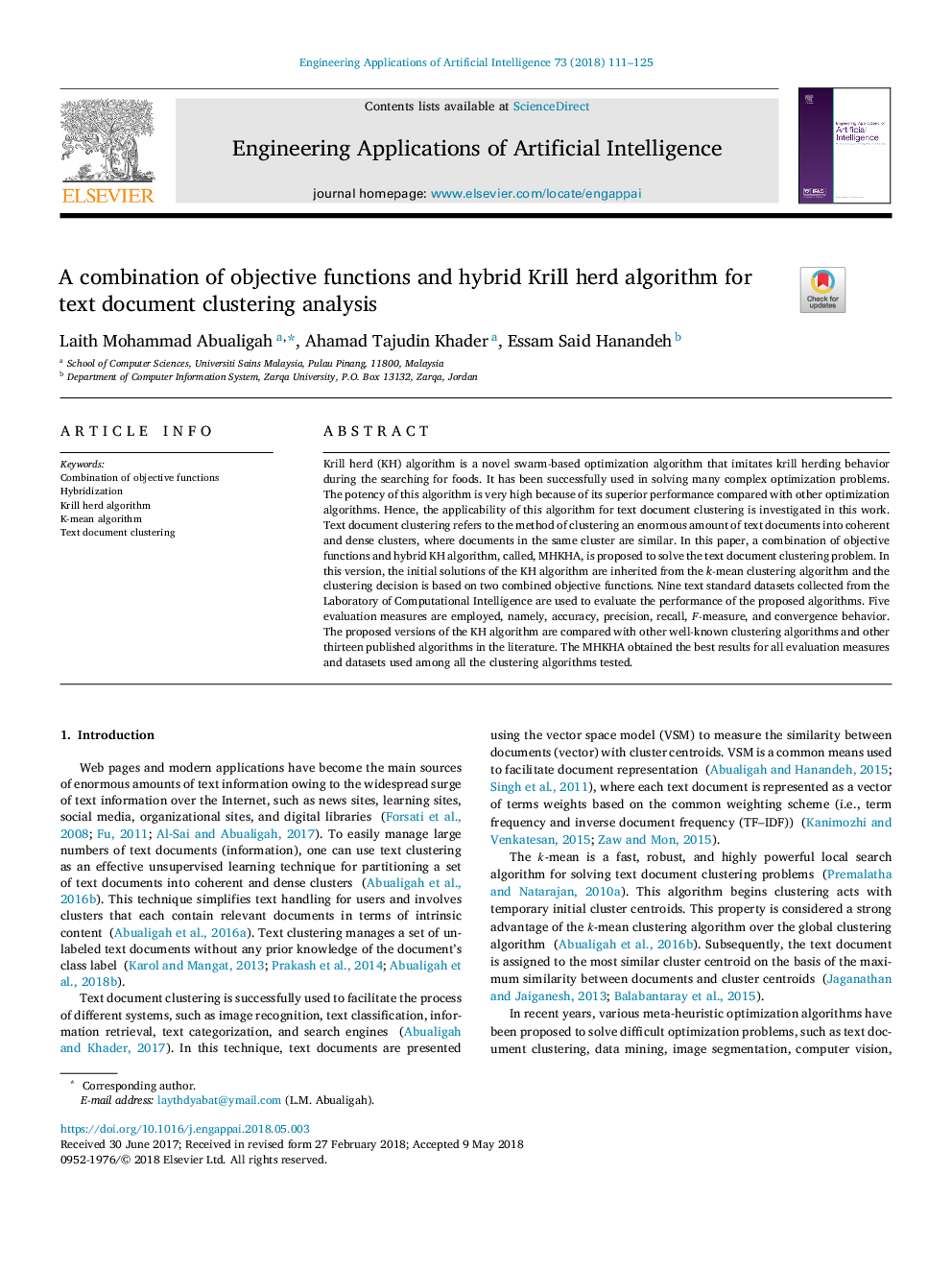 A combination of objective functions and hybrid Krill herd algorithm for text document clustering analysis